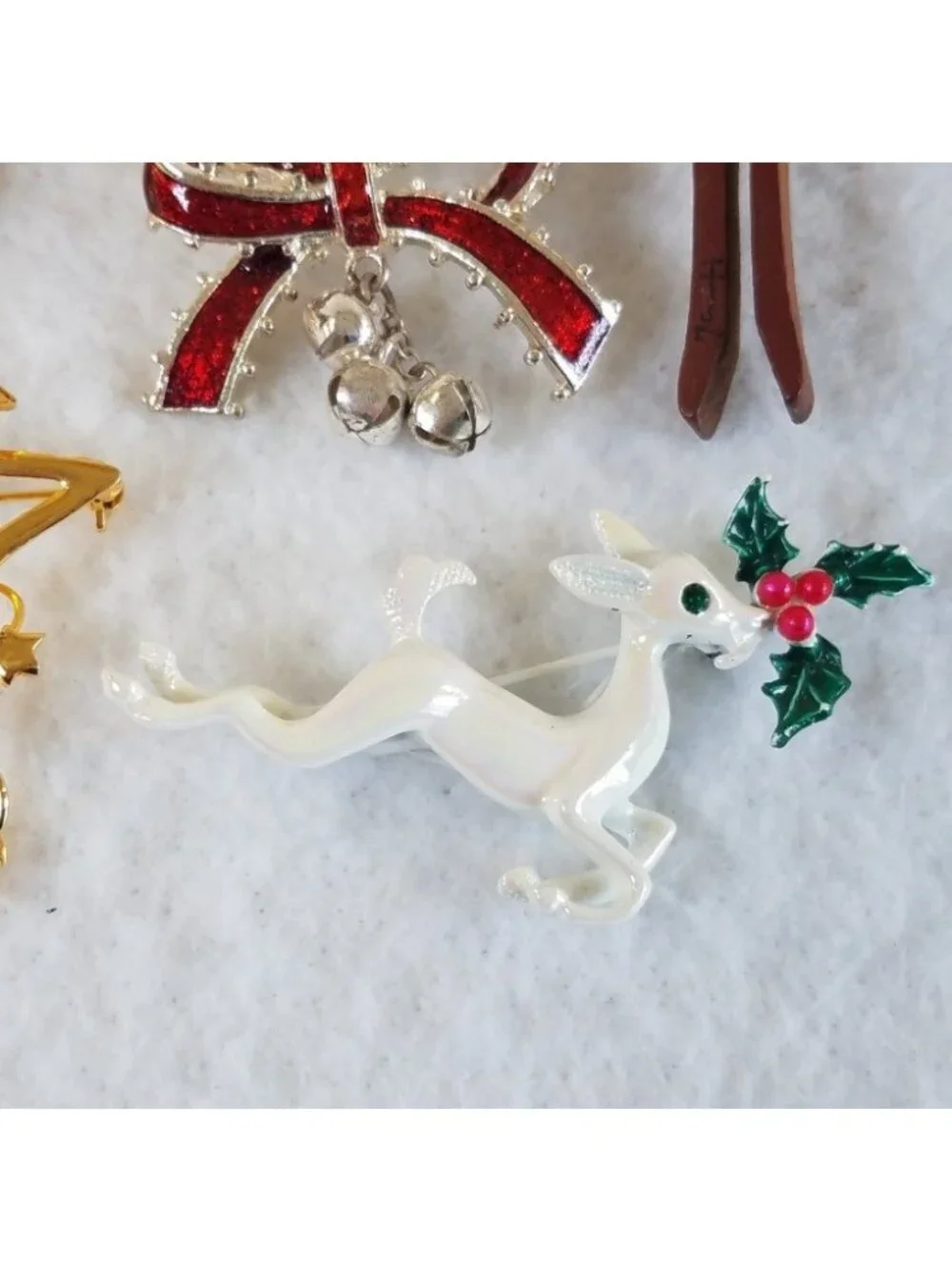 6 Christmas Holiday Brooches Pins Gold Tone Enamel Rhinestone Noahs Ark Deer